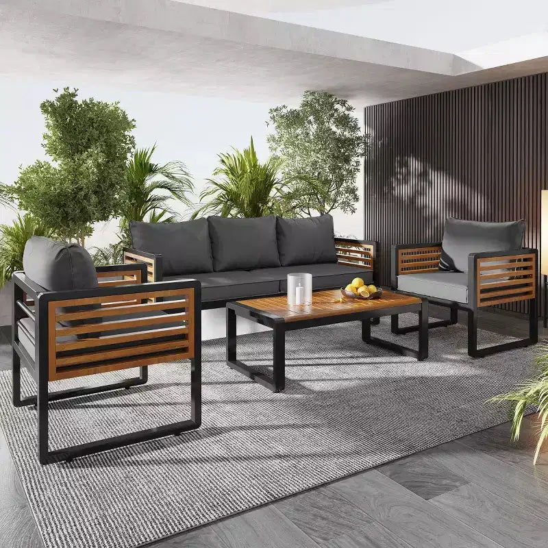 Ensemble de conversation d'extérieur 4 pièces pour 5 personnes, canapé en métal avec coussins et table basse en bois d'acacia pour jardin, cour - Panipeachy