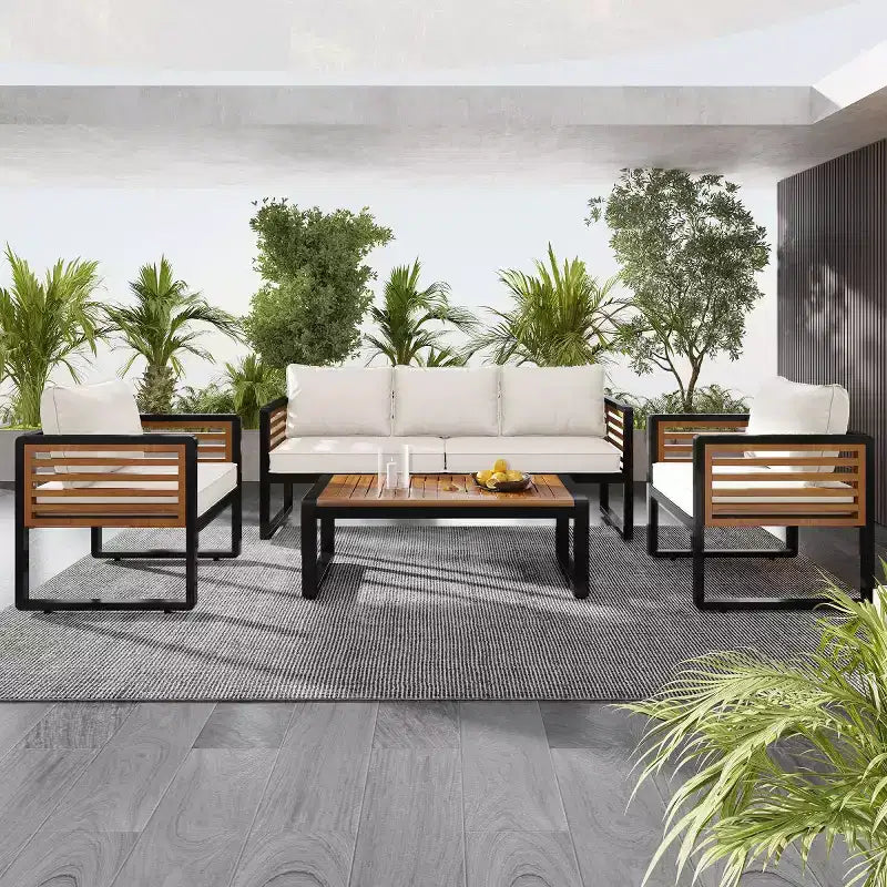 4-Piece Outdoor Patio Conversation Set for 5, Metal Frame Sofa Set with Cushions and Acacia Wood Coffee Table for Garden, Backyard-Panipeachy