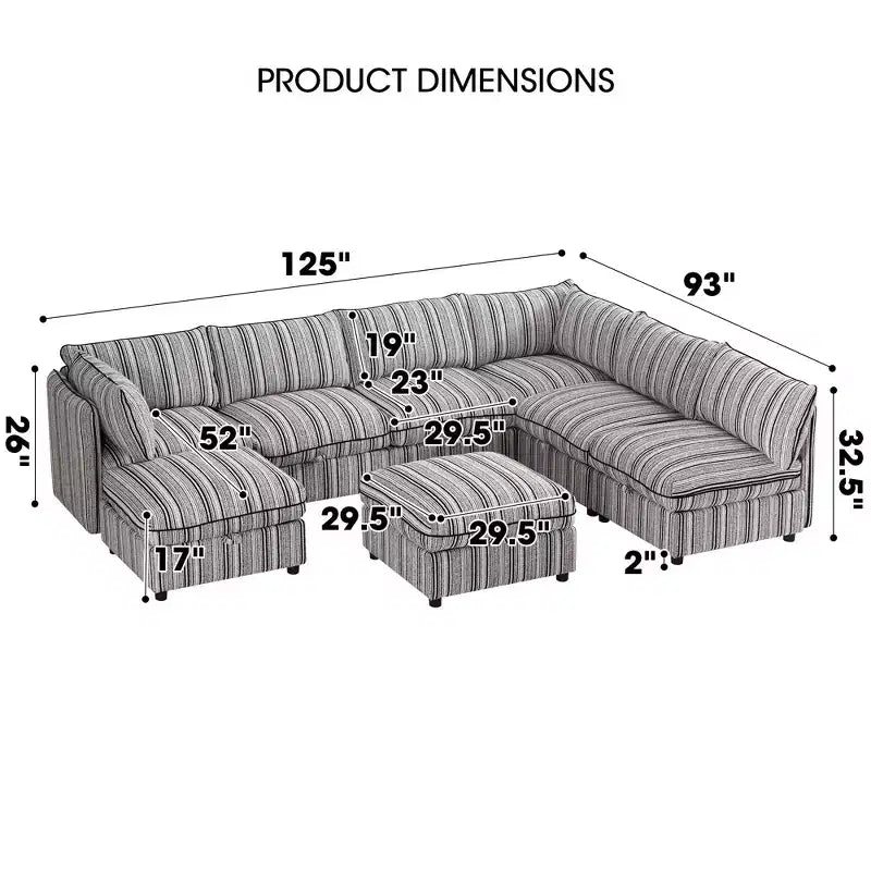 Canapé modulable en U GDFStudio Jeju 8 pièces, rembourré, avec rangement, 125''x 93, et ottoman
