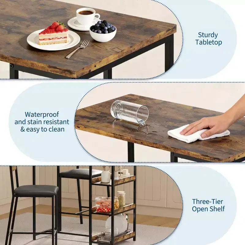 Ensemble table de bar 3 pièces avec 2 étagères de rangement, ensemble de salle à manger de cuisine compact avec chaises en cuir PU