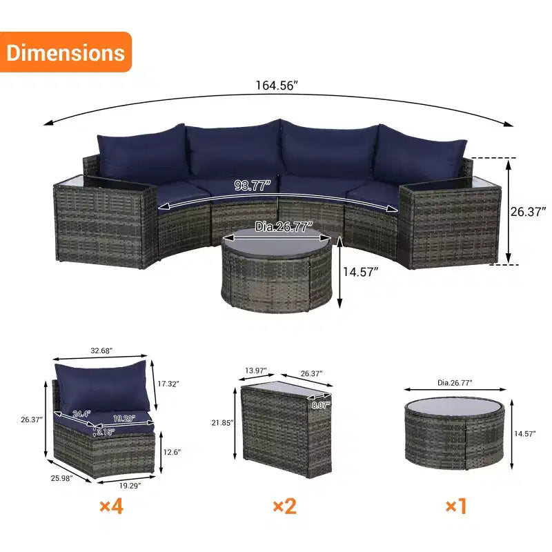 GDFStudio Halcyon Ensemble de conversation d'extérieur 7 pièces demi-lune en osier et métal avec table en verre trempé