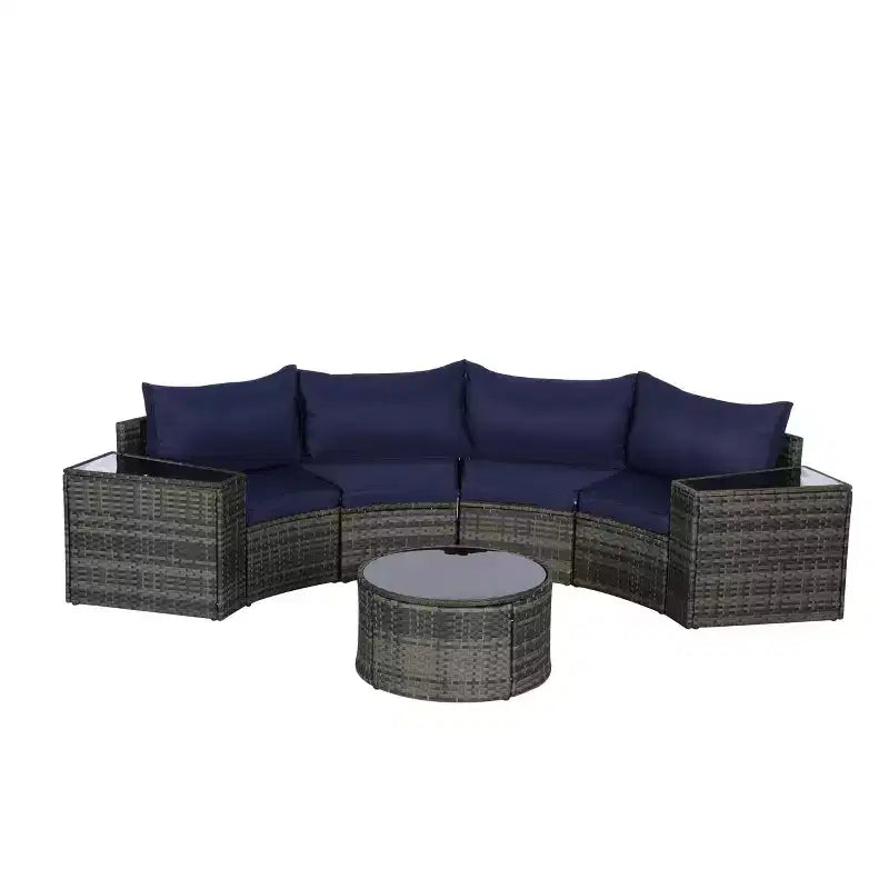 GDFStudio Halcyon Ensemble de conversation d'extérieur 7 pièces demi-lune en osier et métal avec table en verre trempé
