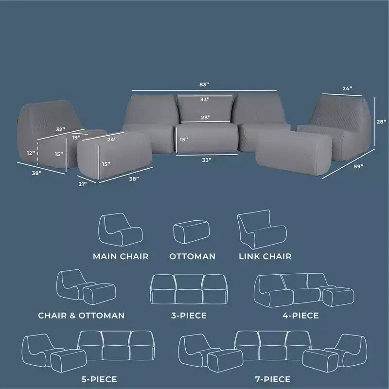 Ensemble de mobilier de jardin d'extérieur Big Joe Solvana, canapé en cuir cousu en silicone Cool Touch résistant aux intempéries, sectionnel 7 pièces, gris clair de lune