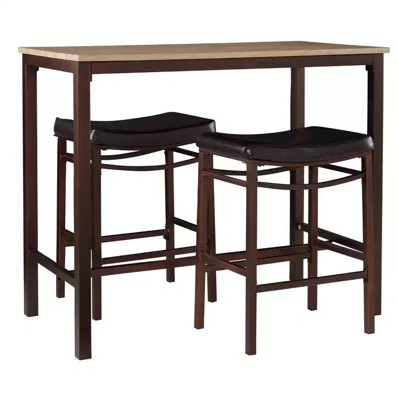Linon 3pc Betty Faux Leather Stools Wood Pub Dining Set Wood/Brown: Counter Height, Padded Seat