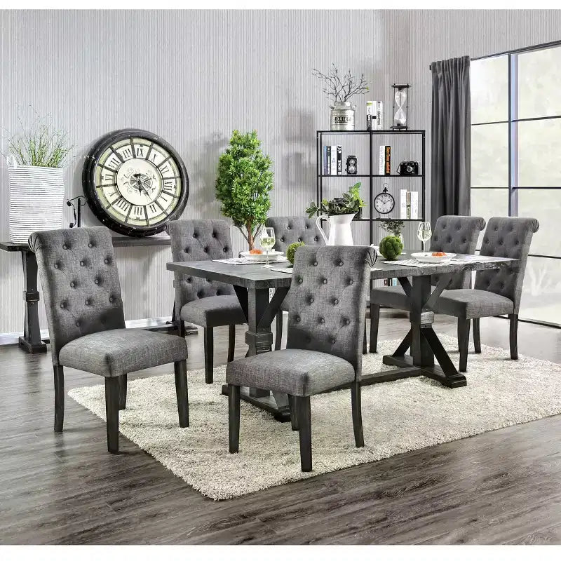 HOMES: Inside + Out Ensemble de salle à manger 7 pièces Hepburn noir antique/gris : Table rectangulaire, 6 chaises rembourrées