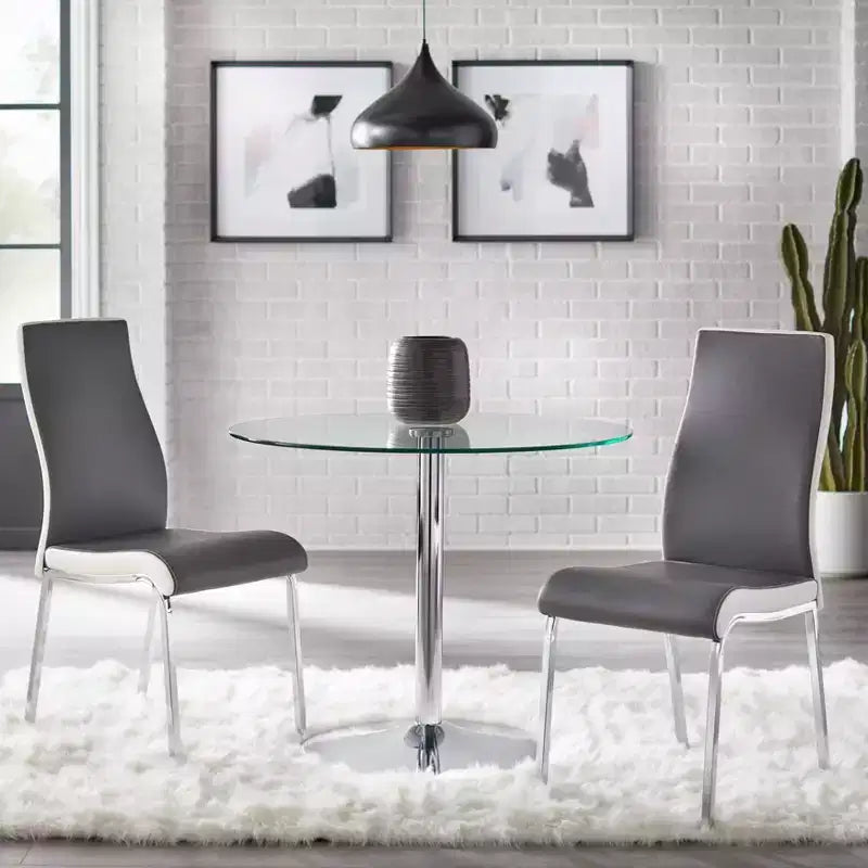 Ensemble de salle à manger 3 pièces Buylateral Nora avec table ronde sur pied moderne et chaises en similicuir gris/blanc