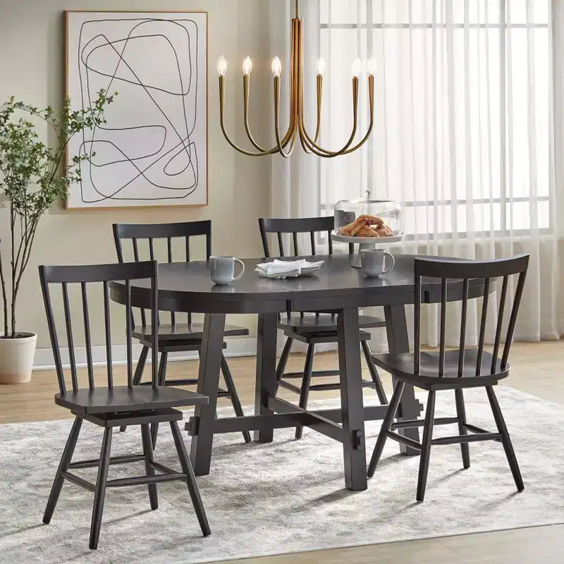 Ensemble de salle à manger extensible 5 pièces Lifestorey Aspen Farmhouse avec chaises pivotantes en bois massif noir mat