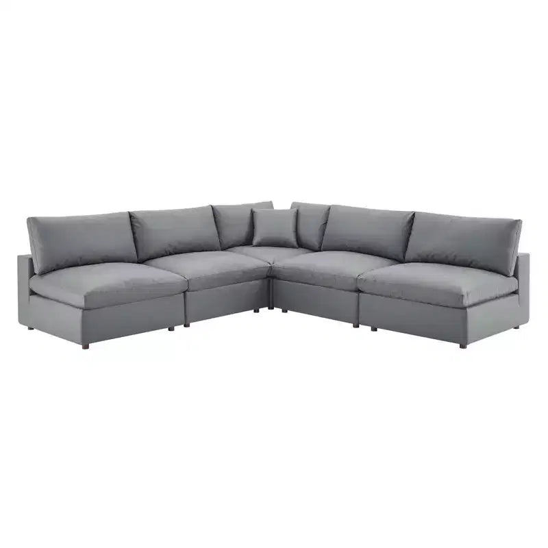5pc Commix Down Filled Overstuffed Vegan Leather L-Shaped Sectional Sofa Set Gray - Modway: Plush Comfort, Modern Home Furniture