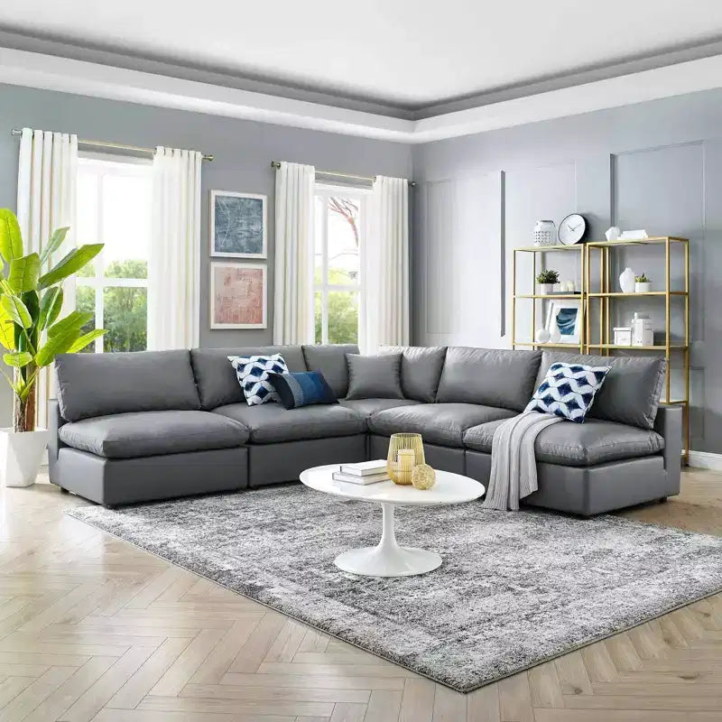 Ensemble de canapé d'angle en cuir végétalien 5 places rembourré en duvet Commix gris – Modway : Confort moelleux, mobilier de maison moderne