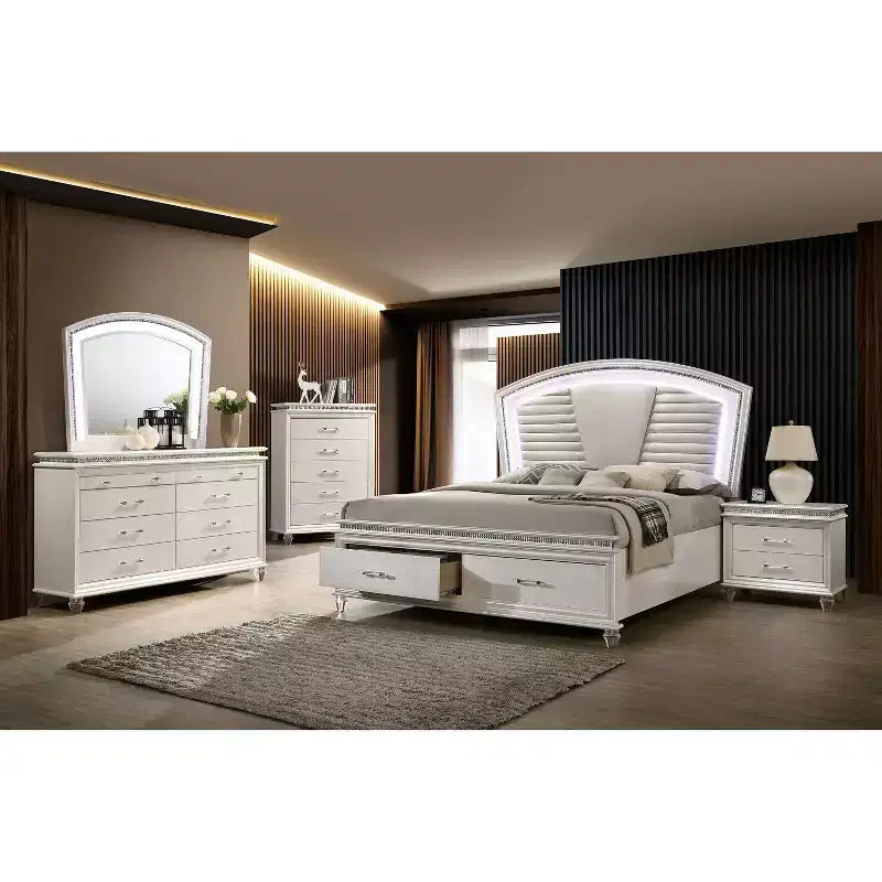 Ensemble de chambre en granit 3 pièces California King avec table de chevet et commode Blanc perle - HOMES: Inside + Out