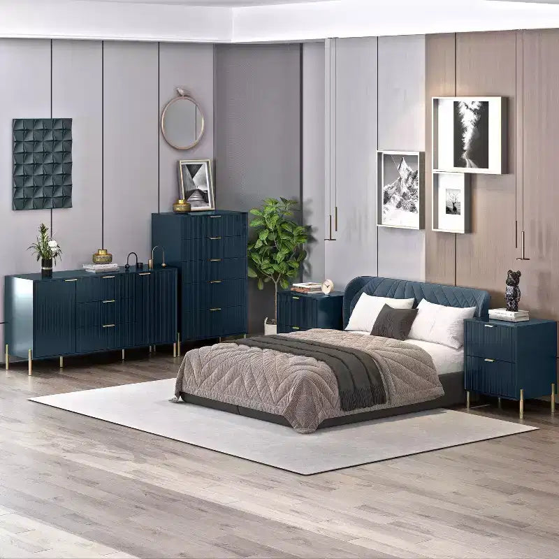 Ensemble de chambre Festivo 4 pièces - commode, chiffonnier et 2 tables de nuit 2 tiroirs - Bleu Marine - Design Élégance Moderne