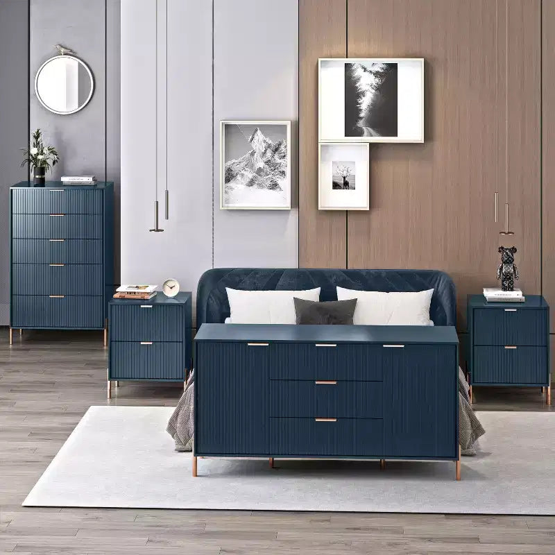 Ensemble de chambre Festivo 4 pièces - commode, chiffonnier et 2 tables de nuit 2 tiroirs - Bleu Marine - Design Élégance Moderne