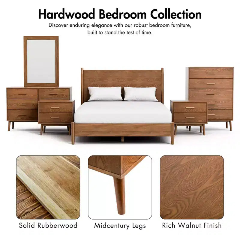 HOMES: Inside + Out Ensemble de chambre à coucher 3 pièces Queen Riverstone Mid-Century Modern avec 2 tables de nuit Noyer