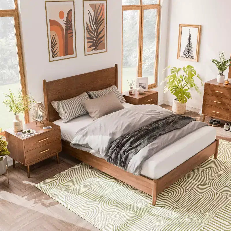 HOMES: Inside + Out Ensemble de chambre à coucher 3 pièces Queen Riverstone Mid-Century Modern avec 2 tables de nuit Noyer