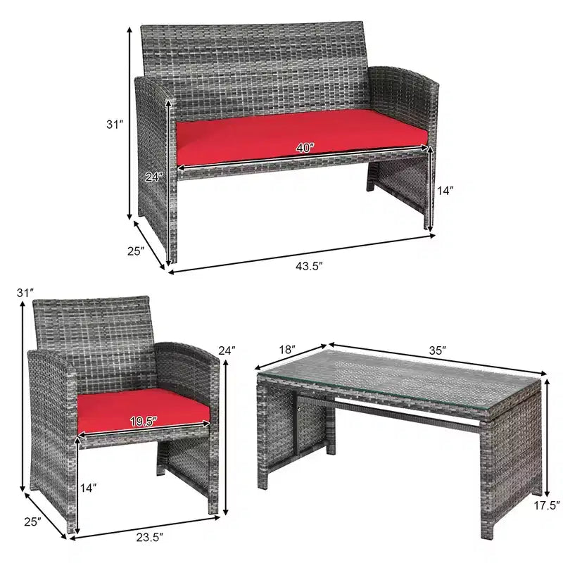 Costway Ensemble de Meubles de Patio en Rotin 8 Pièces Table en Verre Canapé Rembourré Turquoise/Rouge
