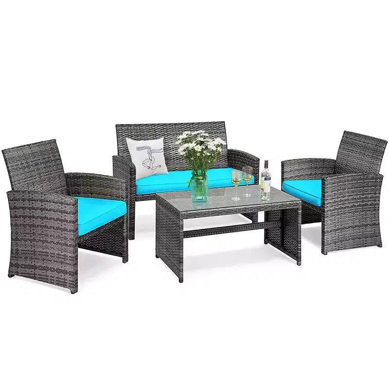 Costway Ensemble de Meubles de Patio en Rotin 8 Pièces Table en Verre Canapé Rembourré Turquoise/Rouge