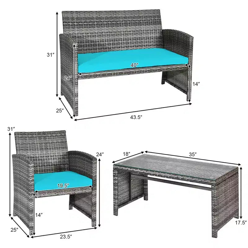 Costway Ensemble de Meubles de Patio en Rotin 8 Pièces Table en Verre Canapé Rembourré Turquoise/Rouge