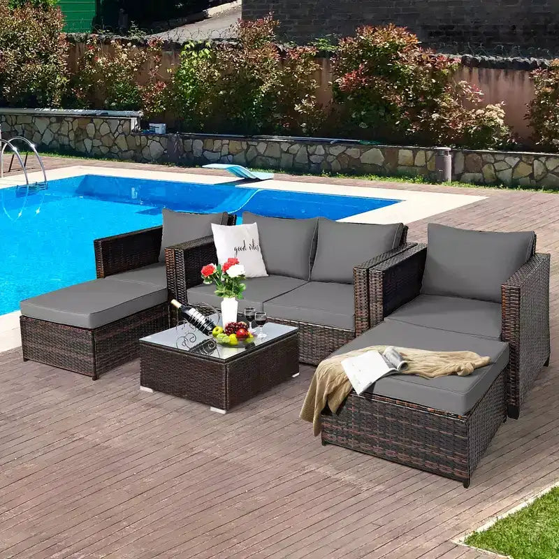 Costway Ensemble de Mobilier de Jardin 5 Pièces en Rotin Canapé Causeuse Pouf Coussins Rouge/Blanc