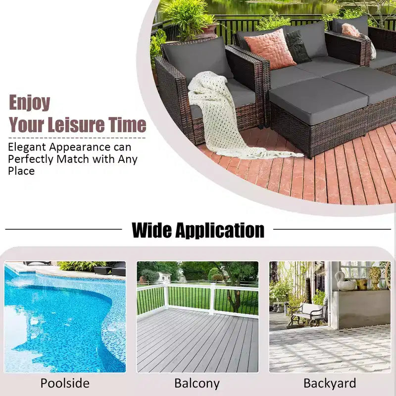 Costway Ensemble de Mobilier de Jardin 5 Pièces en Rotin Canapé Causeuse Pouf Coussins Rouge/Blanc