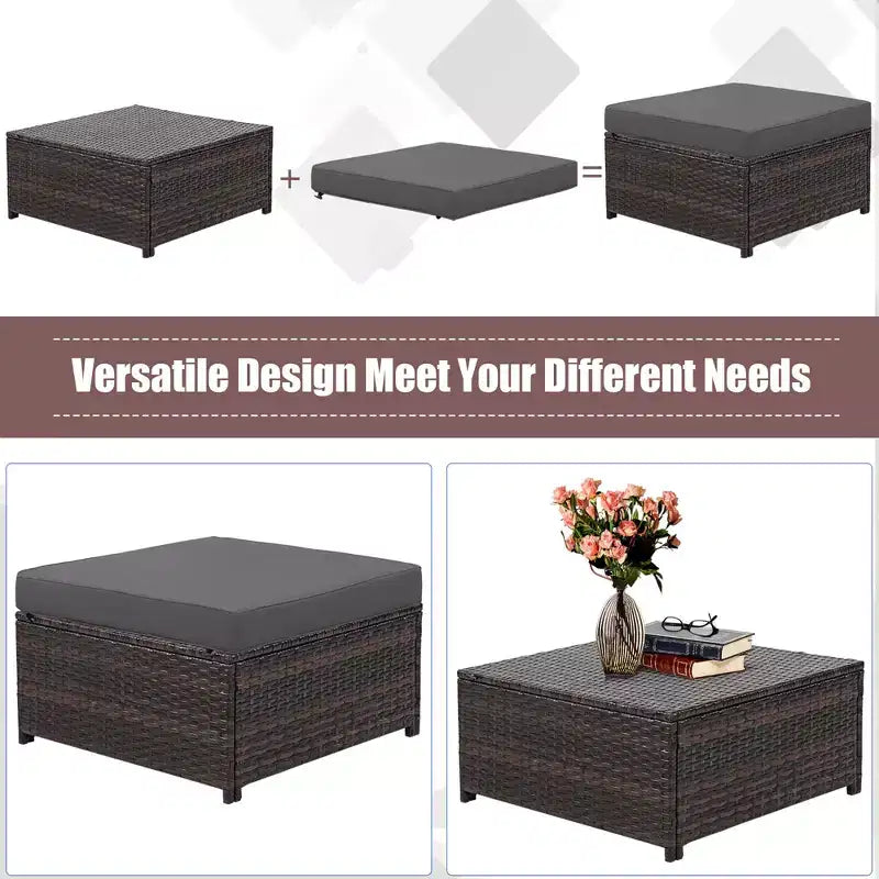 Costway Ensemble de Mobilier de Jardin 5 Pièces en Rotin Canapé Causeuse Pouf Coussins Rouge/Blanc