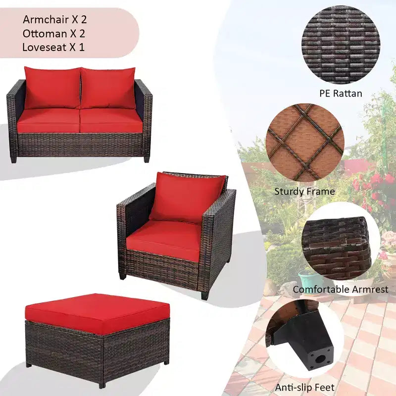 Costway Ensemble de Mobilier de Jardin 5 Pièces en Rotin Canapé Causeuse Pouf Coussins Rouge/Blanc