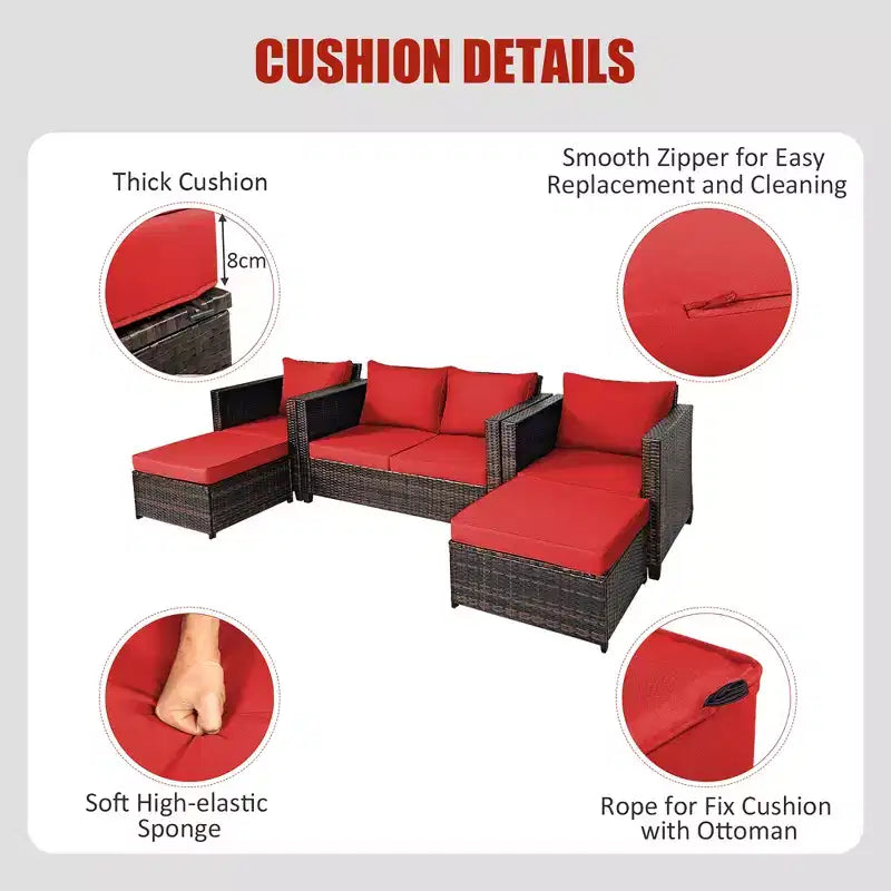Costway Ensemble de Mobilier de Jardin 5 Pièces en Rotin Canapé Causeuse Pouf Coussins Rouge/Blanc