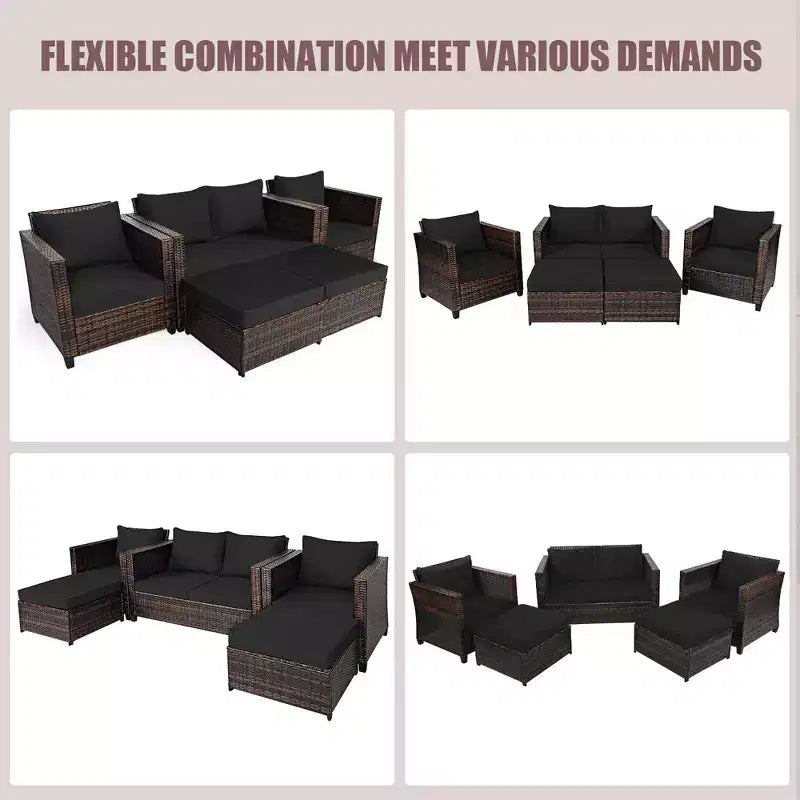 Costway Ensemble de Mobilier de Jardin 5 Pièces en Rotin Canapé Causeuse Pouf Coussins Rouge/Blanc