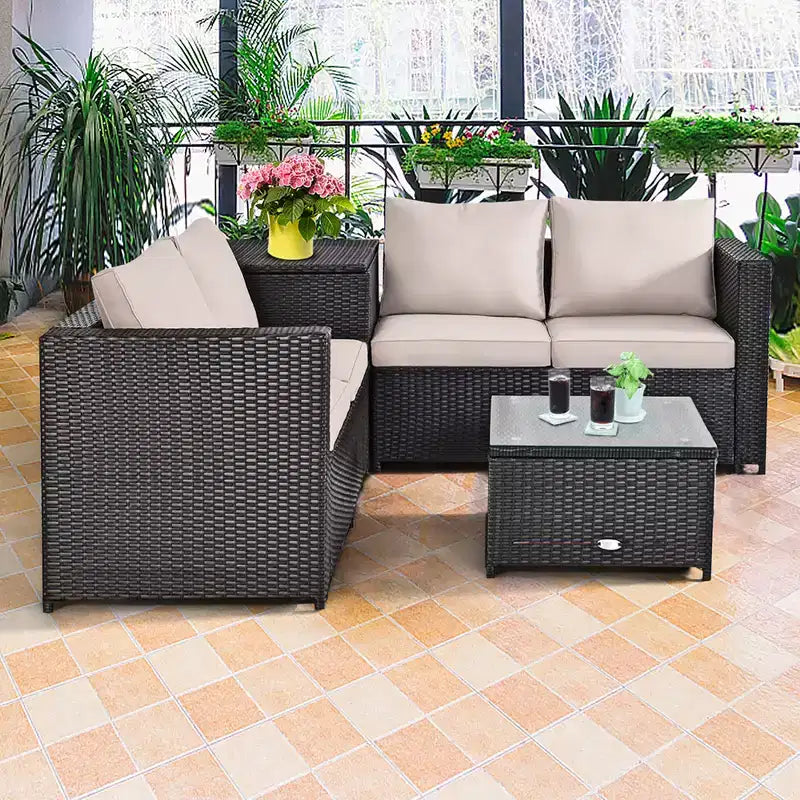 Costway Salon de Jardin 4 Pièces en Rotin avec Table de Rangement Coussins et Causeuse