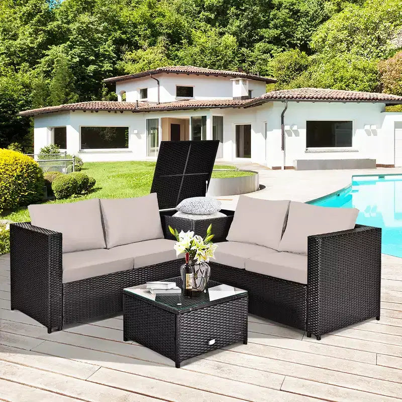 Costway Salon de Jardin 4 Pièces en Rotin avec Table de Rangement Coussins et Causeuse