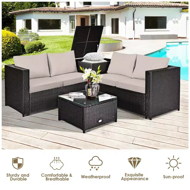Costway Salon de Jardin 4 Pièces en Rotin avec Table de Rangement Coussins et Causeuse