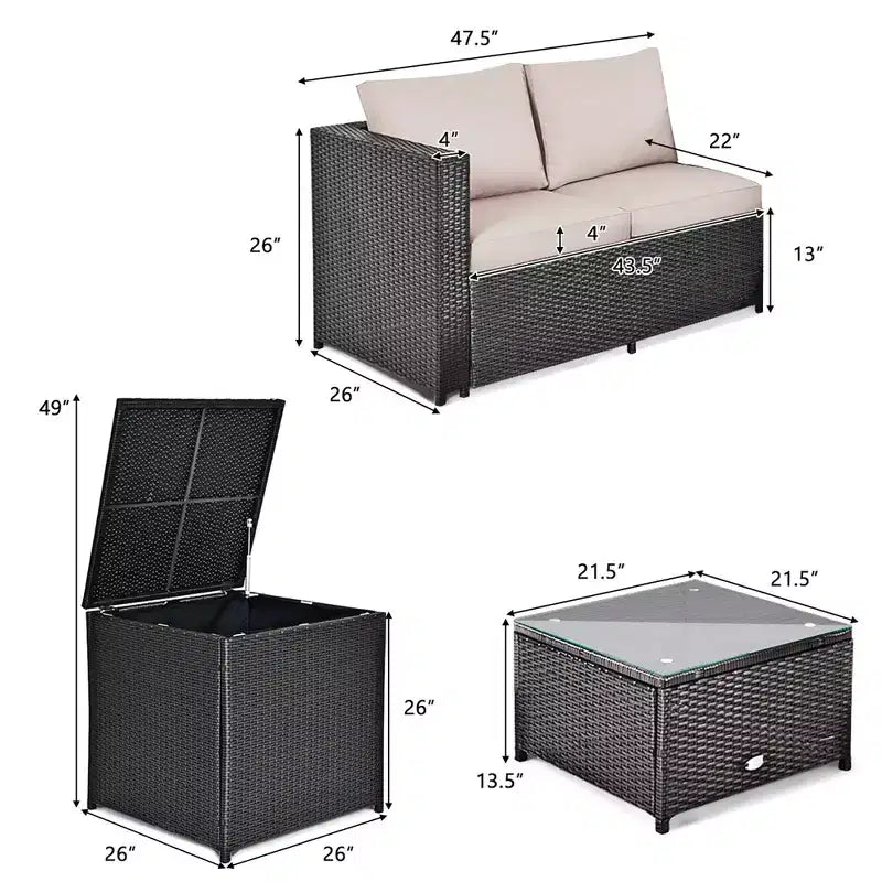 Costway Salon de Jardin 4 Pièces en Rotin avec Table de Rangement Coussins et Causeuse