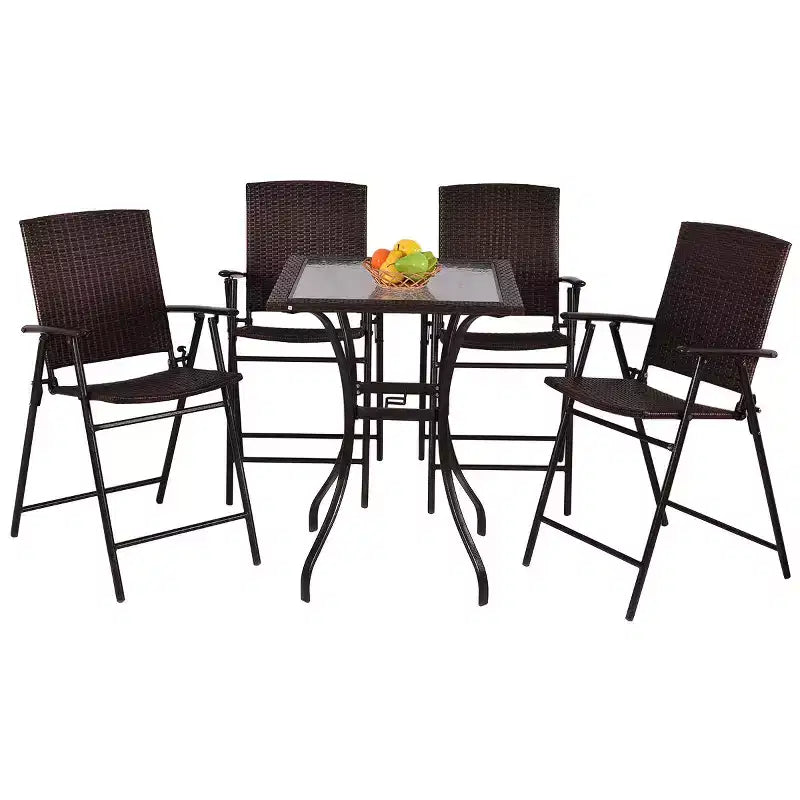 Ensemble de mobilier de jardin en rotin Costway 5 pièces, 4 tabourets de bar pliants + table de bar avec plateau en verre