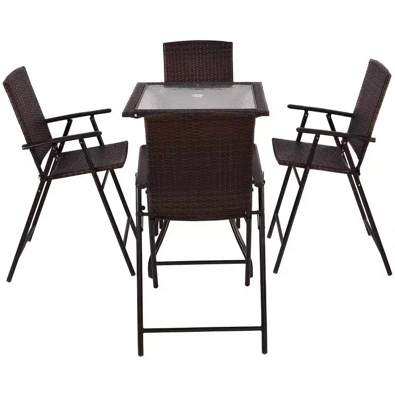 Ensemble de mobilier de jardin en rotin Costway 5 pièces, 4 tabourets de bar pliants + table de bar avec plateau en verre
