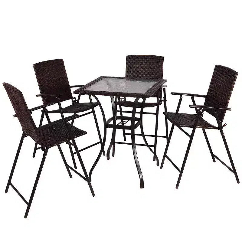 Ensemble de mobilier de jardin en rotin Costway 5 pièces, 4 tabourets de bar pliants + table de bar avec plateau en verre
