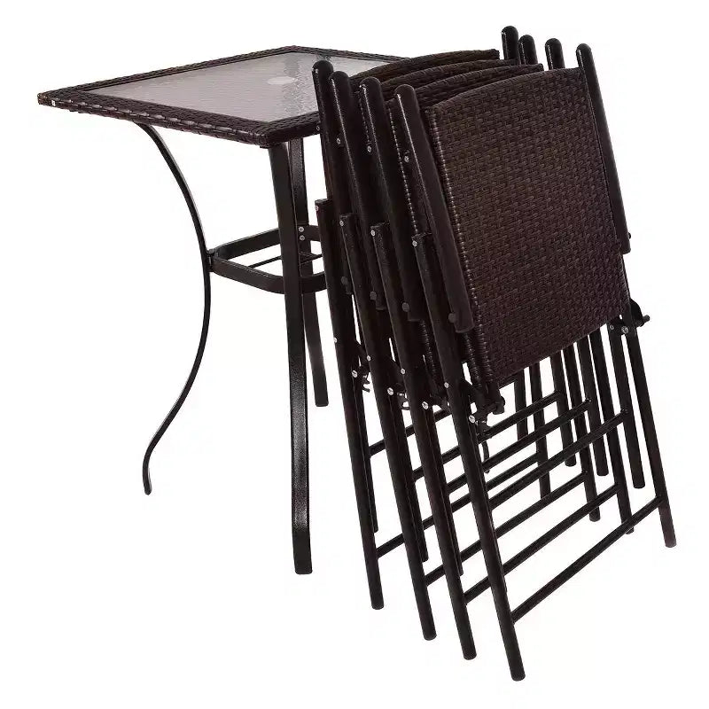Ensemble de mobilier de jardin en rotin Costway 5 pièces, 4 tabourets de bar pliants + table de bar avec plateau en verre