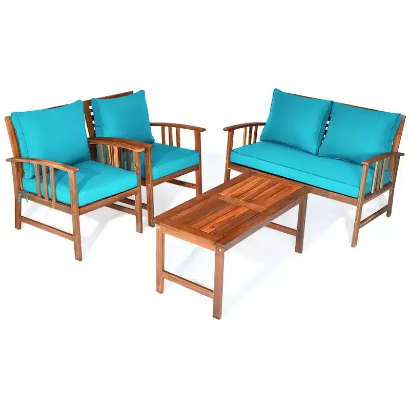 Costway Ensemble de mobilier de patio en bois 4 pièces Table Canapé Chaise Rembourré Jardin Turquoise