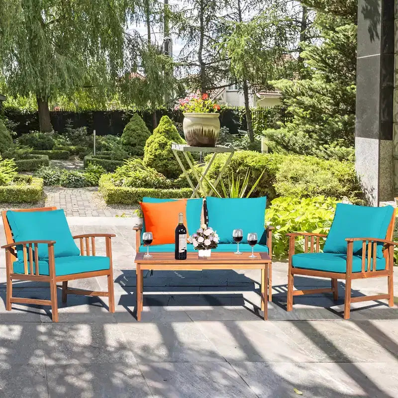 Costway Ensemble de mobilier de patio en bois 4 pièces Table Canapé Chaise Rembourré Jardin Turquoise