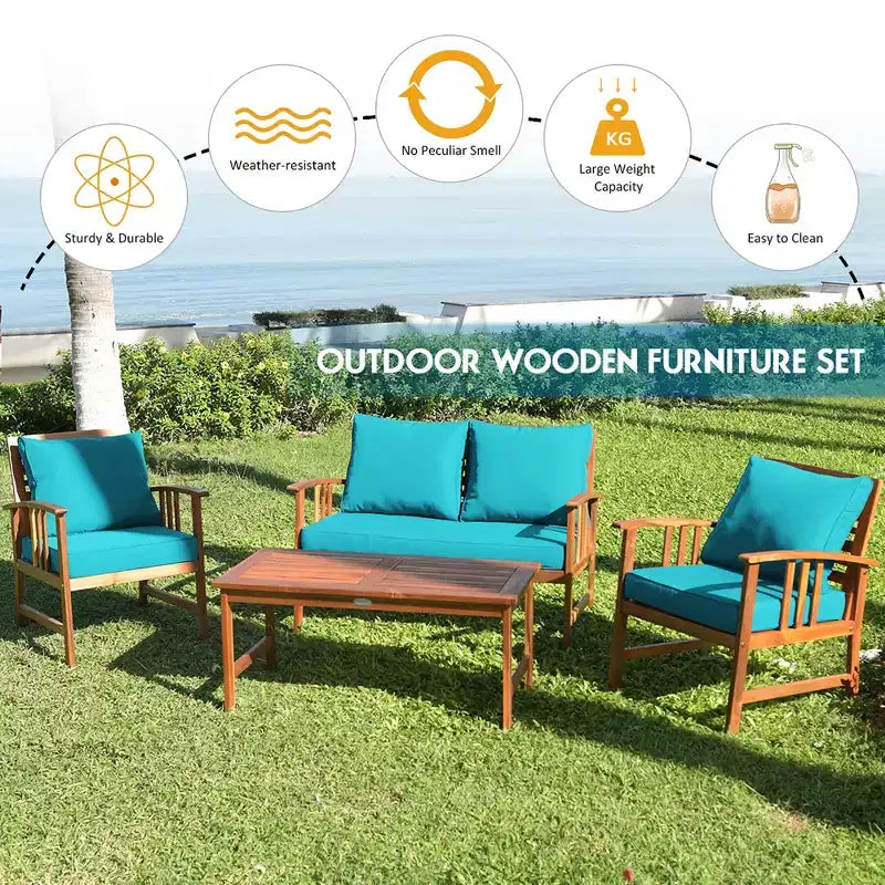 Costway Ensemble de mobilier de patio en bois 4 pièces Table Canapé Chaise Rembourré Jardin Turquoise