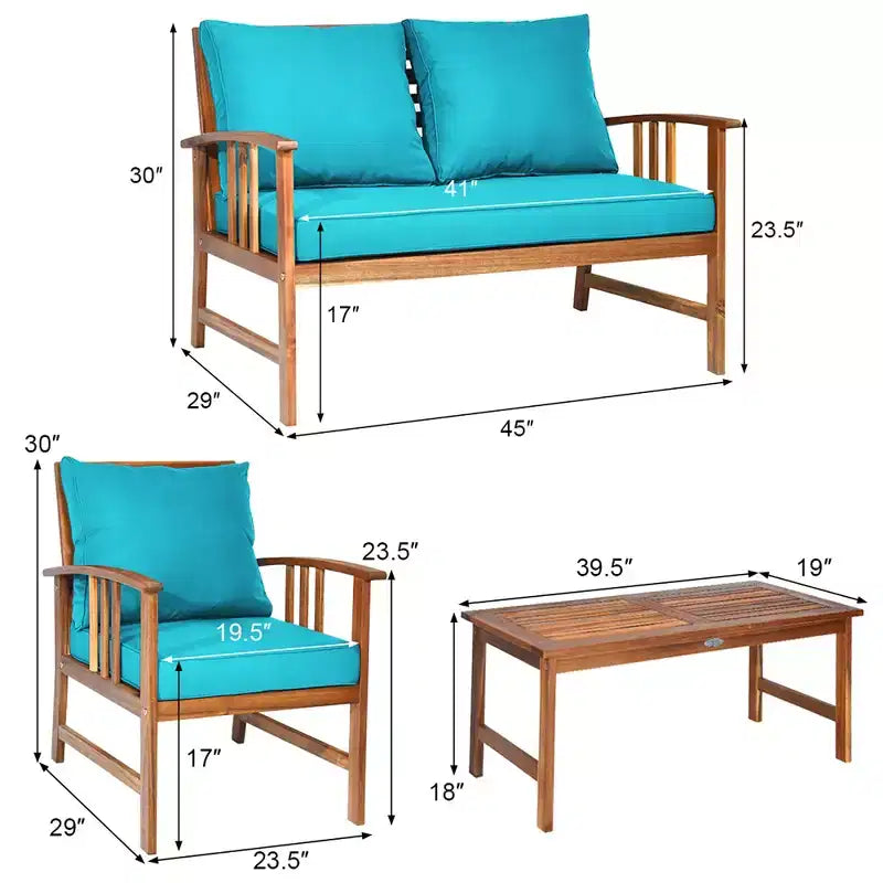 Costway Ensemble de mobilier de patio en bois 4 pièces Table Canapé Chaise Rembourré Jardin Turquoise