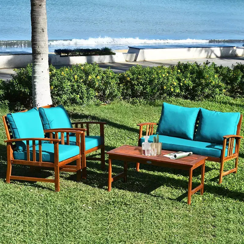 Costway Ensemble de mobilier de patio en bois 4 pièces Table Canapé Chaise Rembourré Jardin Turquoise
