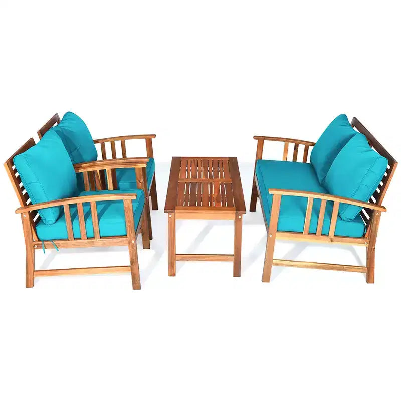Costway Ensemble de mobilier de patio en bois 4 pièces Table Canapé Chaise Rembourré Jardin Turquoise