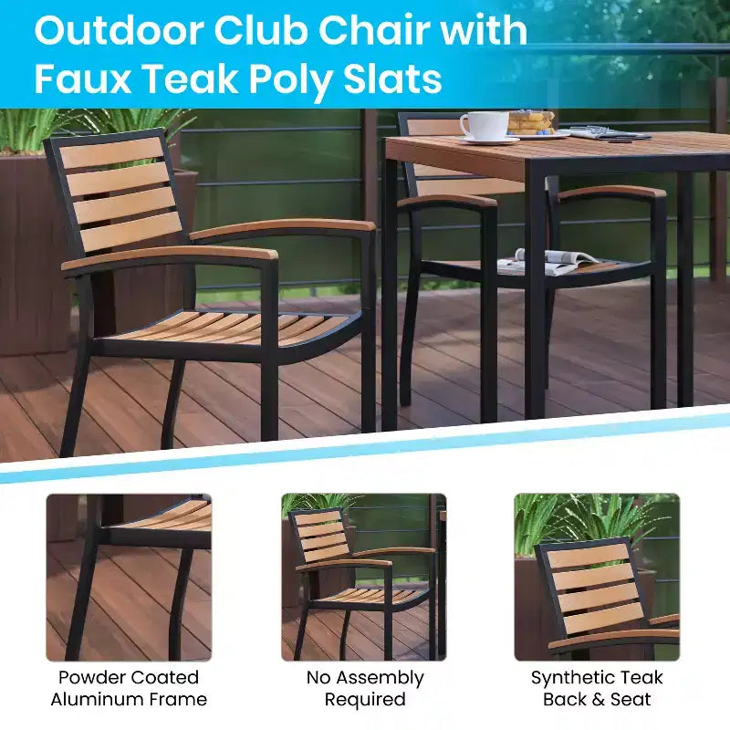 Ensemble de salle à manger Merrick Lane Seven en teck synthétique pour patio avec table, quatre chaises club, parasol de 2,74 m et base