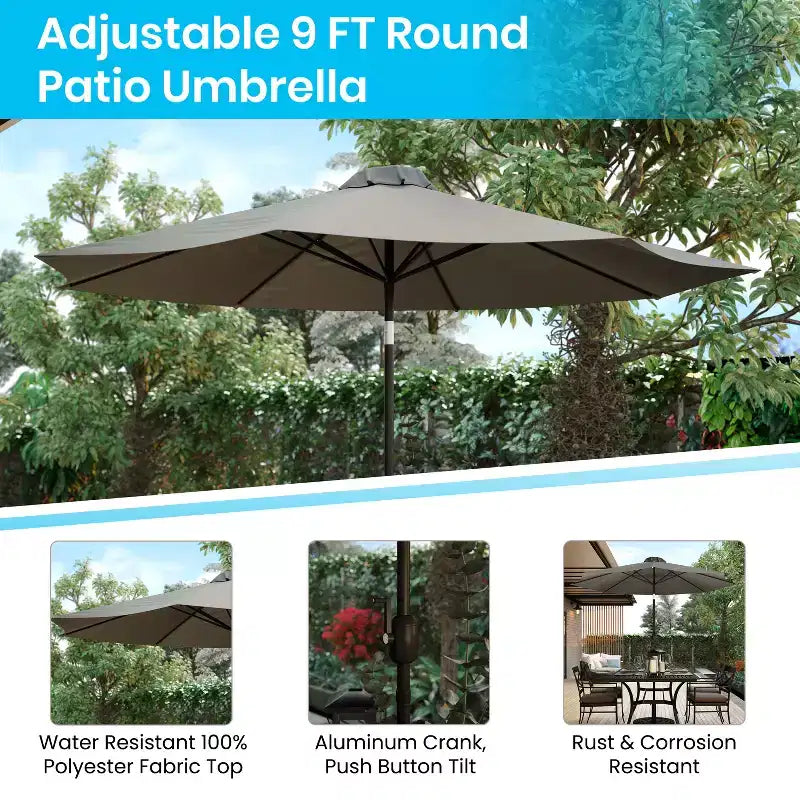 Ensemble de salle à manger Merrick Lane Seven en teck synthétique pour patio avec table, quatre chaises club, parasol de 2,74 m et base