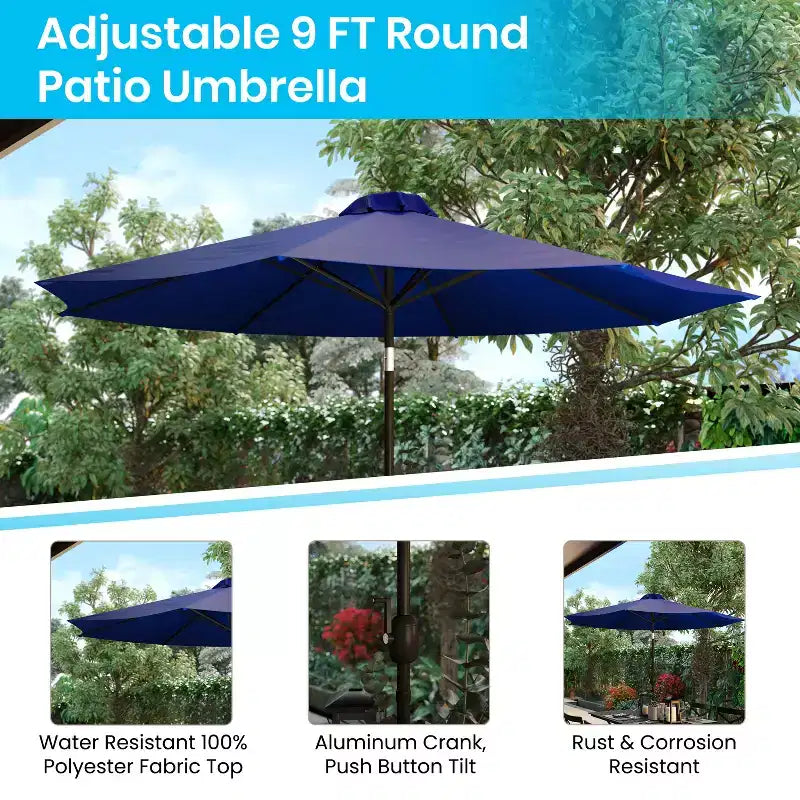 Ensemble de salle à manger Merrick Lane Seven en teck synthétique pour patio avec table, quatre chaises club, parasol de 2,74 m et base