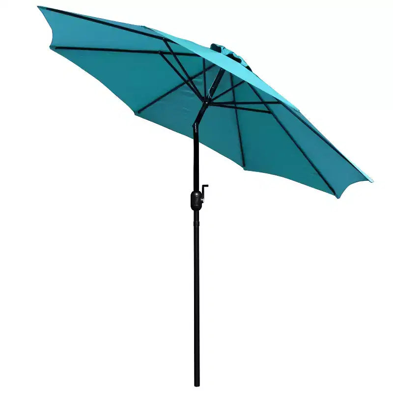 Ensemble de salle à manger Merrick Lane Seven en teck synthétique pour patio avec table, quatre chaises club, parasol de 2,74 m et base
