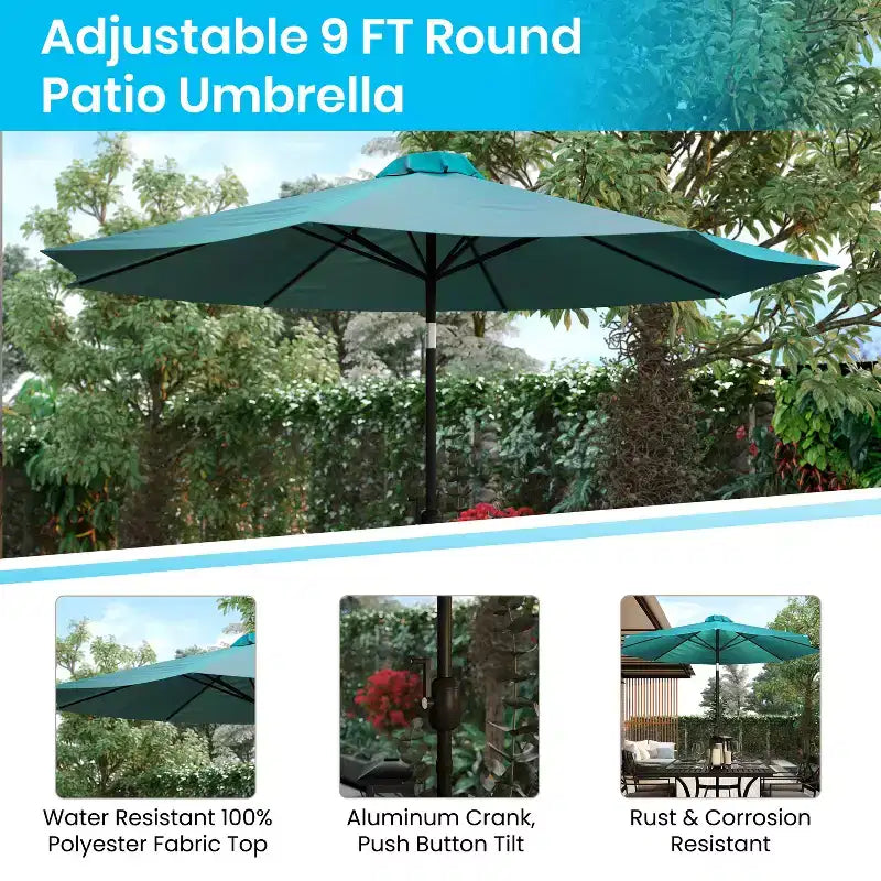 Ensemble de salle à manger Merrick Lane Seven en teck synthétique pour patio avec table, quatre chaises club, parasol de 2,74 m et base