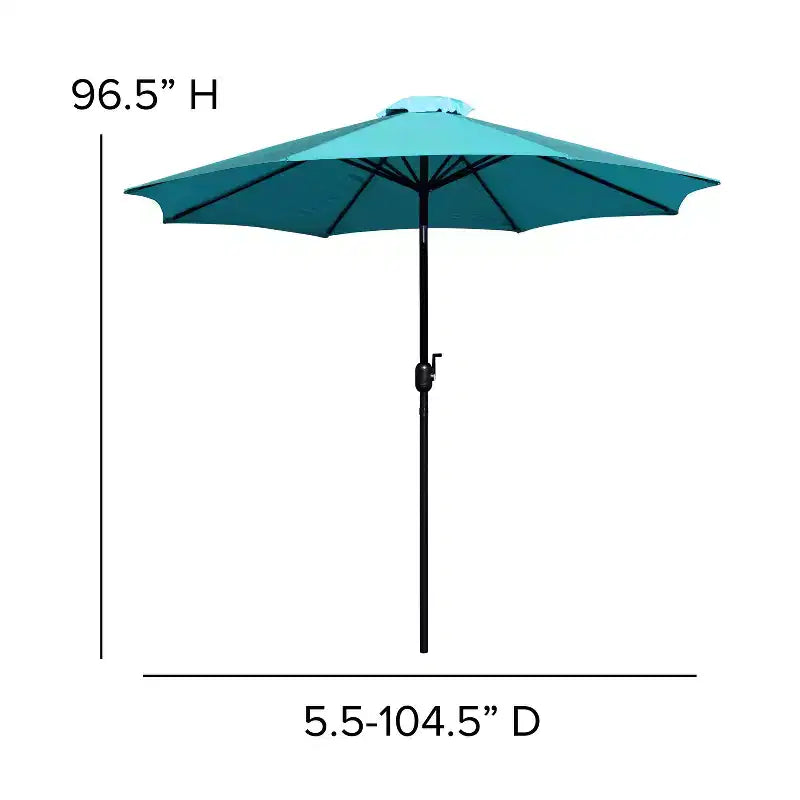 Ensemble de salle à manger Merrick Lane Seven en teck synthétique pour patio avec table, quatre chaises club, parasol de 2,74 m et base