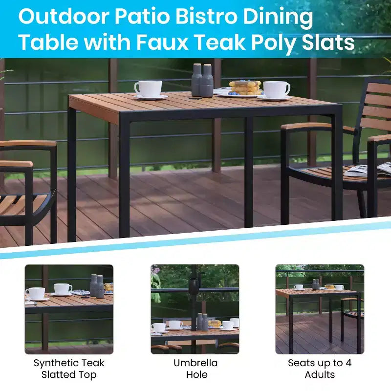 Ensemble de salle à manger Merrick Lane Seven en teck synthétique pour patio avec table, quatre chaises club, parasol de 2,74 m et base