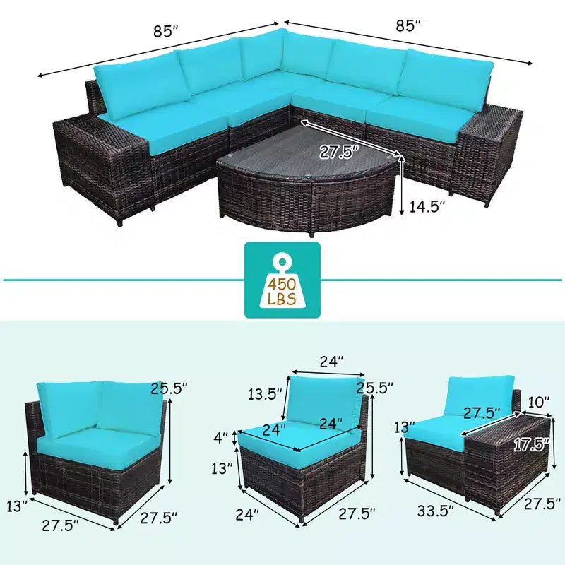Costway Ensemble de Meubles de Jardin 6 pièces en Rotin, Canapé Coussins Accoudoirs, Turquoise\Blanc