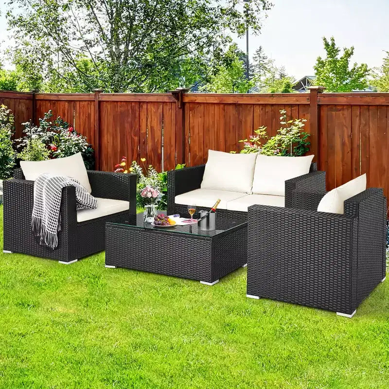 Costway Ensemble de Meubles de Jardin en Rotin 4 pièces, Canapé Rembourré, Chaise, Table Basse, Blanc Cassé